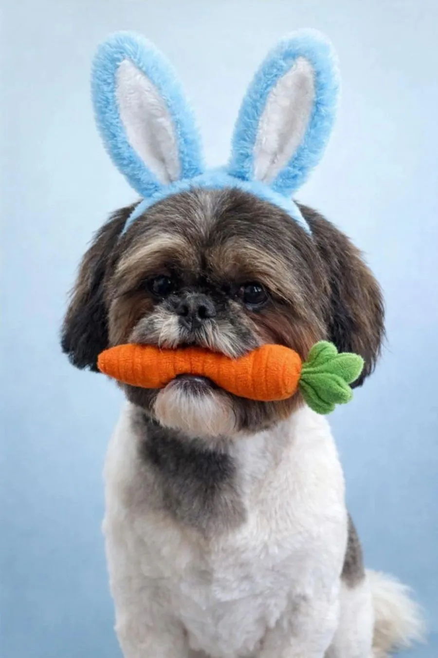 Shih Tzu mix in bunny ears with a plush carrot