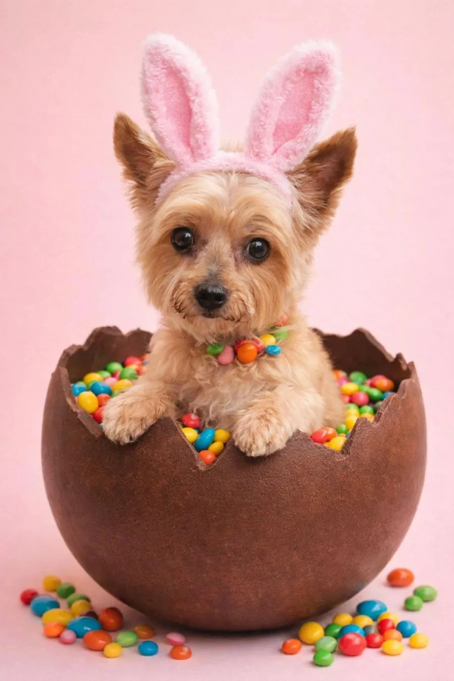 Freshly groomed Yorkie posing in a chocolate Easter egg