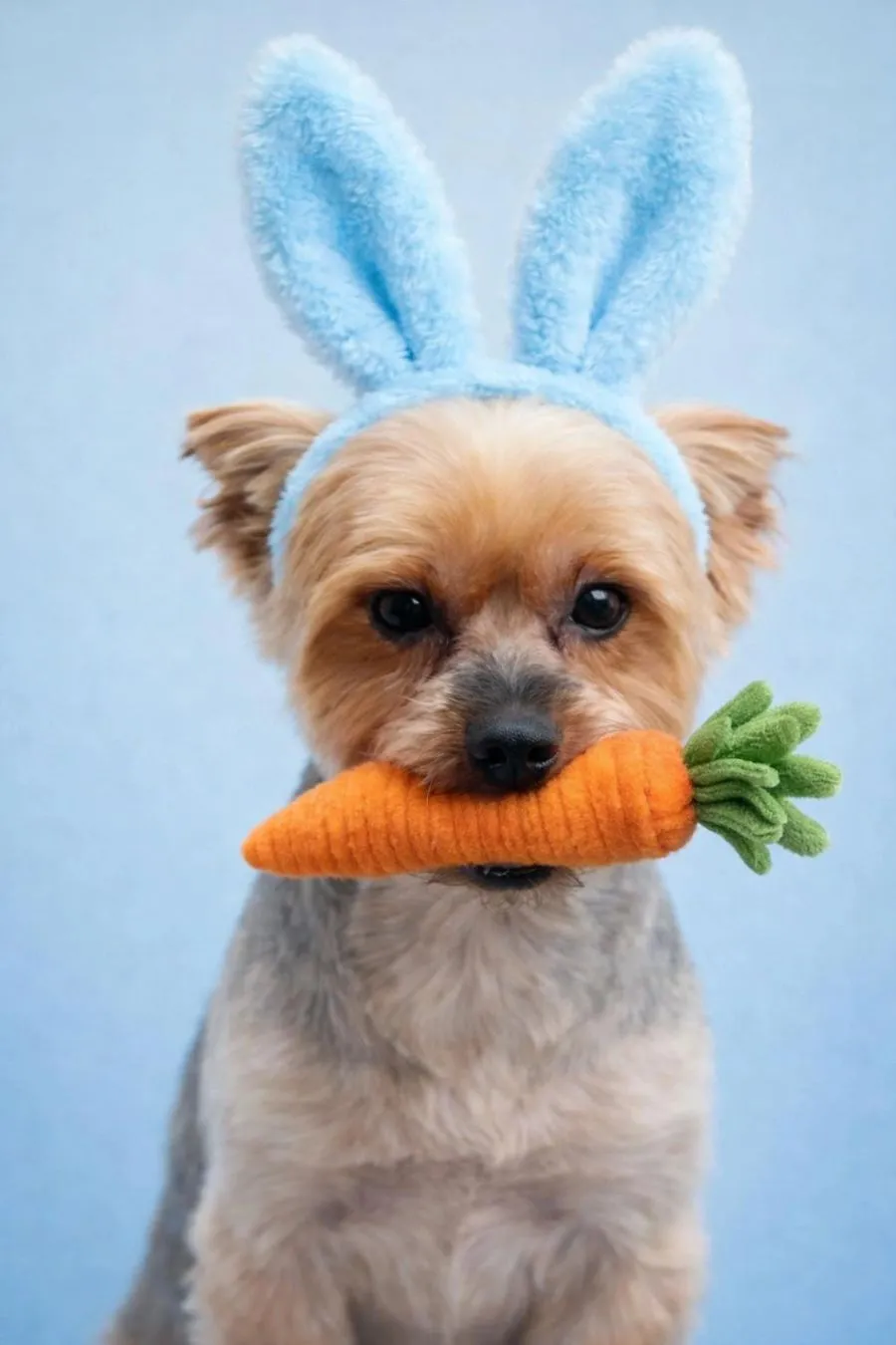 Yorkie in blue bunny ears holding a plush carrot